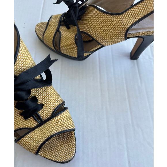 Ramon Tenza Spain Raffia Slingback Heels Peep Toe Black Trim Resort Wedding 7 - Picture 6 of 11